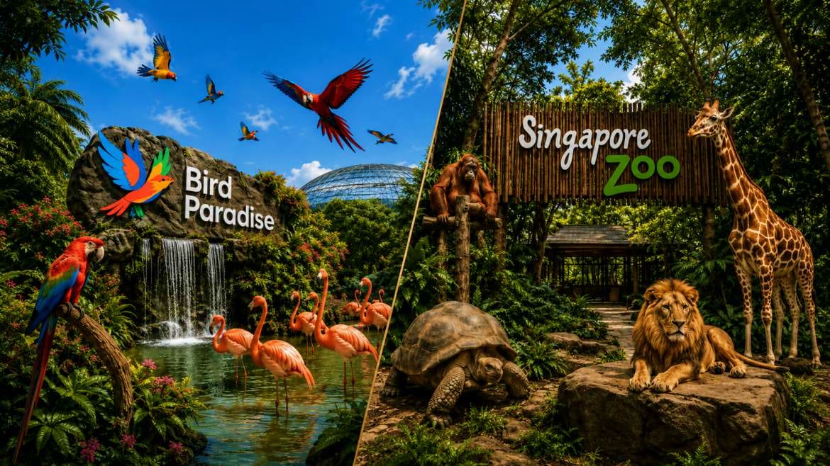 Split image showing Bird Paradise with macaws and flamingos by waterfall on left, Singapore Zoo with giraffe and lion on righ